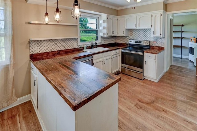 739 SW 700th Rd, Holden, MO 64040 - kitchen with stainless steel appliances, a sink, open shelves, a peninsula, and white cabinets