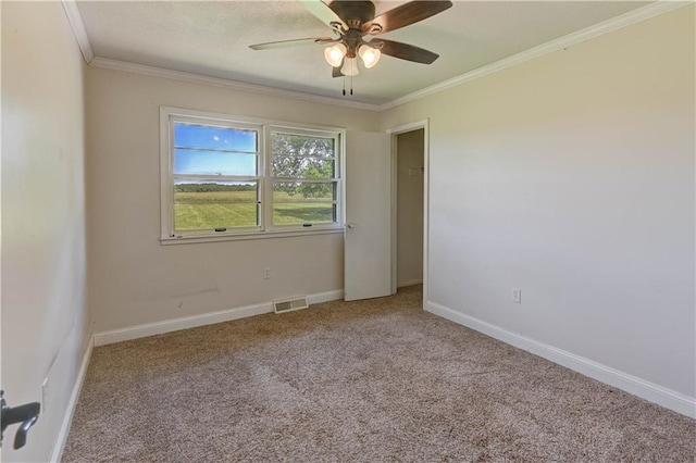 739 SW 700th Rd, Holden, MO 64040 - empty room featuring carpet floors, ornamental molding, ceiling fan, and baseboards