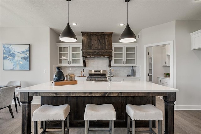 19477 W 114th Ter, Olathe, KS 66061 - kitchen with stainless steel range oven, wood finished floors, decorative backsplash, light countertops, and white cabinets
