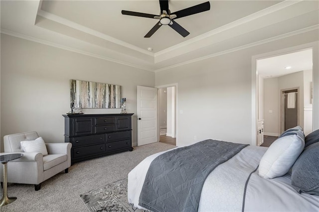 19477 W 114th Ter, Olathe, KS 66061 - bedroom featuring a raised ceiling, light colored carpet, ornamental molding, and ceiling fan