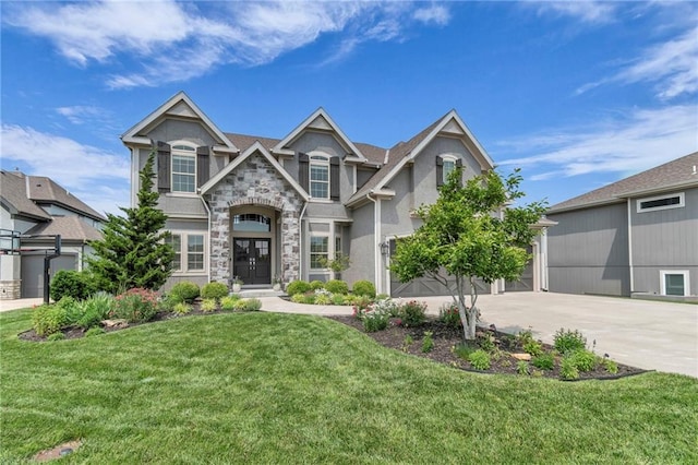 9812 Saddletop St, Lenexa, KS 66227 - view of front of house with stucco siding, concrete driveway, a front lawn, stone siding, and a garage