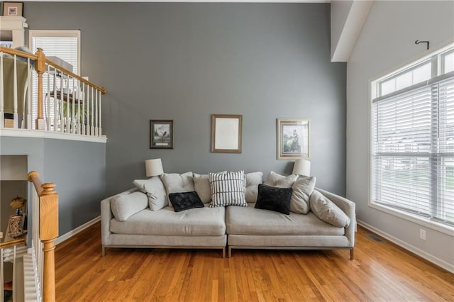 2420 SW Golden Eagle Rd, Lees Summit, MO 64082 - living area featuring baseboards, wood finished floors, and a towering ceiling