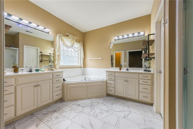 2420 SW Golden Eagle Rd, Lees Summit, MO 64082 - bathroom with marble look tiles, two vanities, a garden tub, and a shower stall