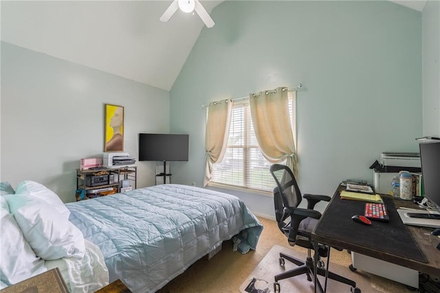 2420 SW Golden Eagle Rd, Lees Summit, MO 64082 - bedroom featuring carpet floors, high vaulted ceiling, a desk, a ceiling fan, and baseboards