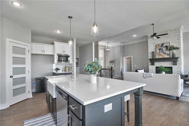 5858 Mccormick Dr, Shawnee, KS 66226 - kitchen featuring appliances with stainless steel finishes, white cabinetry, dark wood finished floors, a ceiling fan, and light countertops