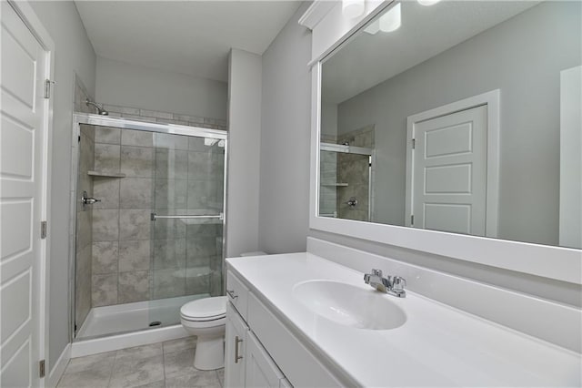 5858 Mccormick Dr, Shawnee, KS 66226 - bathroom with vanity, toilet, a stall shower, and tile patterned flooring