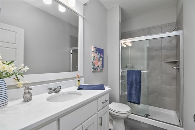 5858 Mccormick Dr, Shawnee, KS 66226 - bathroom with vanity, a shower stall, toilet, and tile patterned floors