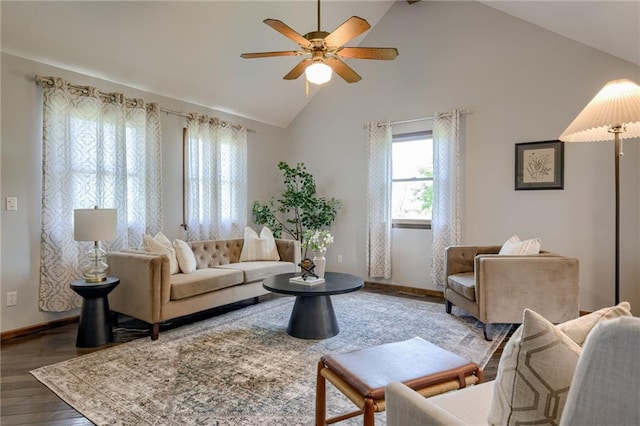 15215 Edgerton Rd, Gardner, KS 66030 - living room with wood finished floors, ceiling fan, baseboards, and high vaulted ceiling