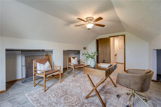 15215 Edgerton Rd, Gardner, KS 66030 - office with light colored carpet, a textured ceiling, lofted ceiling, a ceiling fan, and baseboards