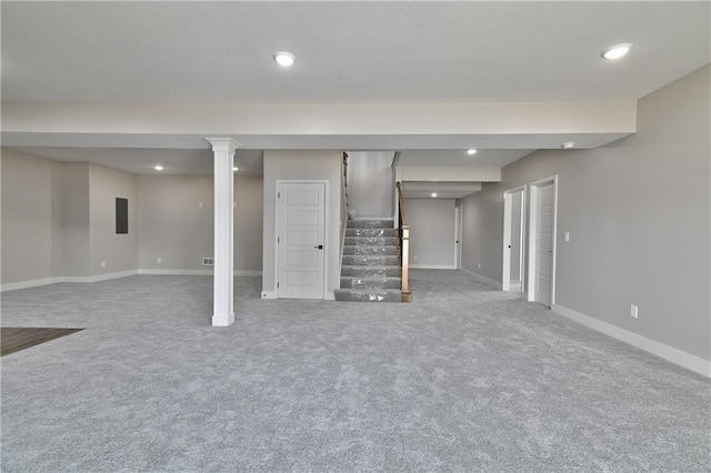 6031 Apache St, Shawnee, KS 66226 - finished below grade area featuring stairway, carpet floors, baseboards, recessed lighting, and electric panel
