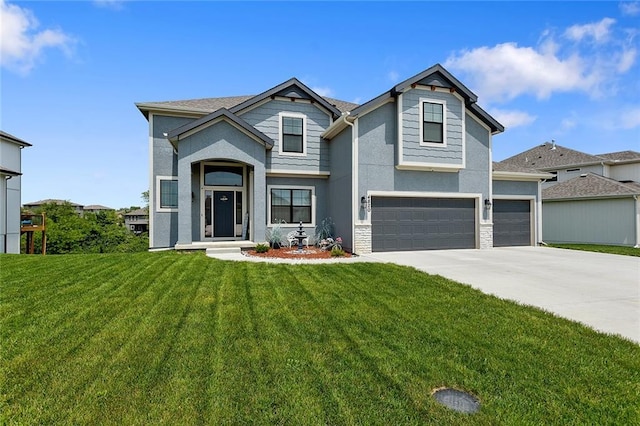 4820 NE 90th Ter, Kansas City, MO 64156 - victorian home with stucco siding, driveway, a front yard, and a garage