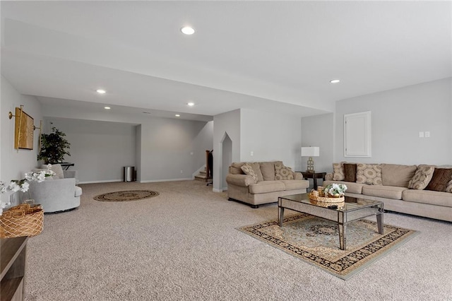 4820 NE 90th Ter, Kansas City, MO 64156 - living area featuring stairs, recessed lighting, and light carpet