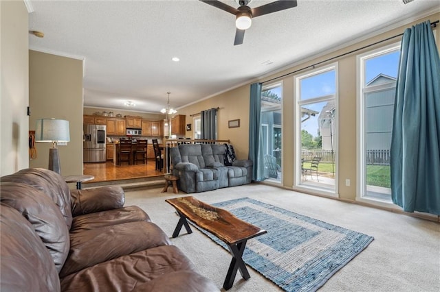 2436 SW Current Ln, Lees Summit, MO 64082 - living room with crown molding, ceiling fan, light carpet, and a textured ceiling