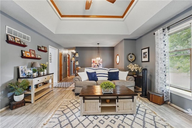 1453 Madison St, Lees Summit, MO 64081 - living room with a raised ceiling, healthy amount of natural light, and light wood-style flooring