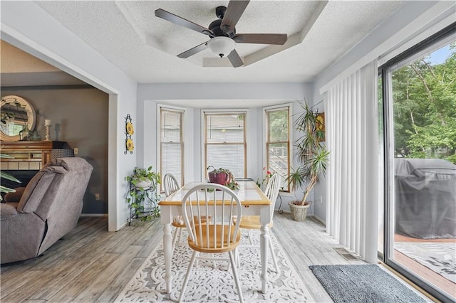 1453 Madison St, Lees Summit, MO 64081 - dining room with light wood finished floors, a ceiling fan, a textured ceiling, and baseboards