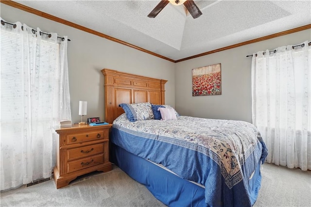 1453 Madison St, Lees Summit, MO 64081 - bedroom with light colored carpet, a ceiling fan, crown molding, and a textured ceiling