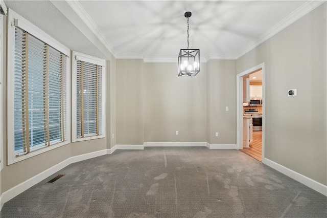 4904 W 162nd St, Overland Park, KS 66085 - unfurnished dining area featuring ornamental molding, carpet floors, a chandelier, and baseboards