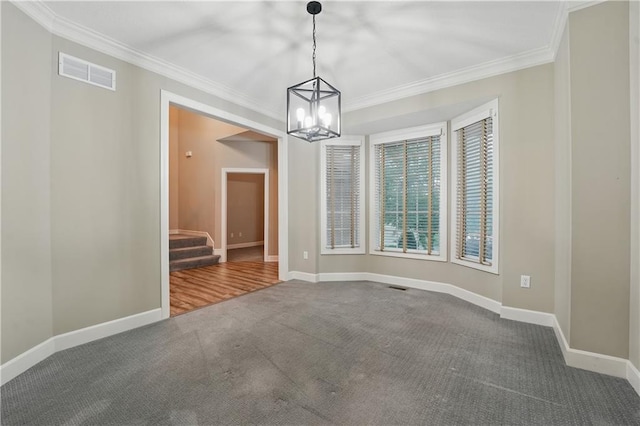 4904 W 162nd St, Overland Park, KS 66085 - unfurnished dining area featuring carpet, ornamental molding, stairs, a chandelier, and baseboards