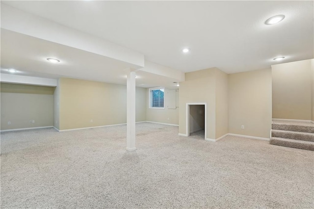 4904 W 162nd St, Overland Park, KS 66085 - basement featuring light carpet, baseboards, stairway, and recessed lighting