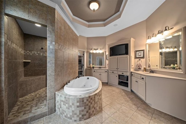 11121 S Whitetail Ln, Olathe, KS 66061 - full bathroom with a jetted tub, crown molding, walk in shower, two vanities, and tile patterned floors