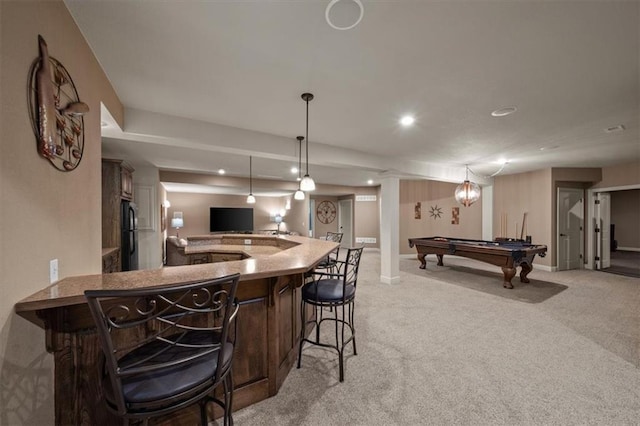 11121 S Whitetail Ln, Olathe, KS 66061 - indoor bar featuring freestanding refrigerator, billiards, light carpet, pendant lighting, and recessed lighting