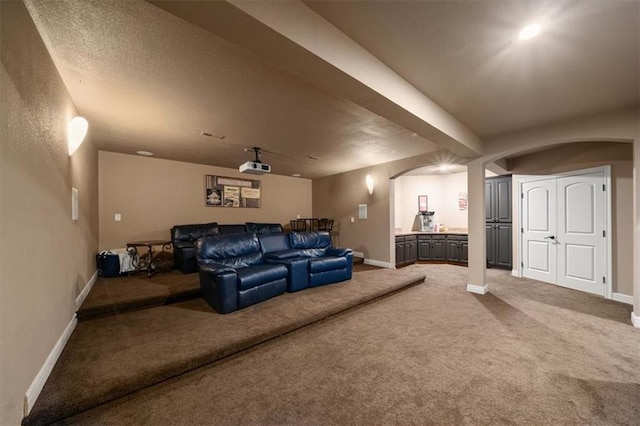 11121 S Whitetail Ln, Olathe, KS 66061 - home theater room featuring arched walkways and carpet flooring