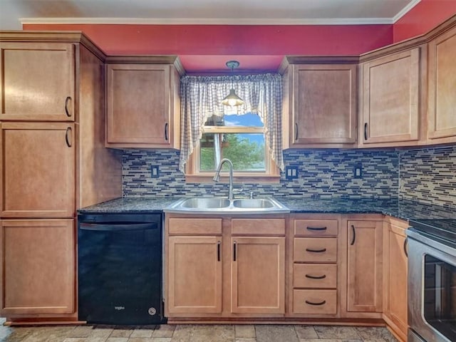 610 Morgan St, Lansing, KS 66043 - kitchen with black dishwasher, a sink, range, backsplash, and crown molding