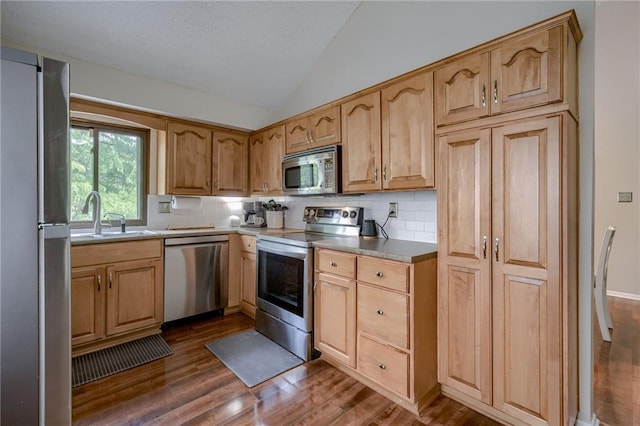 8961 Swarner Dr, Lenexa, KS 66219 - kitchen with appliances with stainless steel finishes, lofted ceiling, tasteful backsplash, and dark wood-style floors
