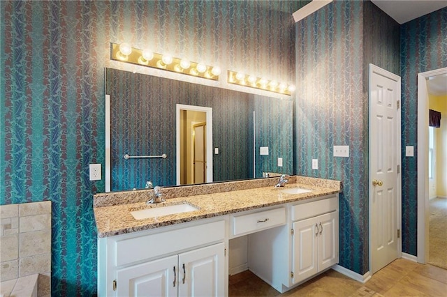 1404 NE Piedmont Dr, Lees Summit, MO 64064 - bathroom featuring double vanity, wallpapered walls, and tile patterned flooring