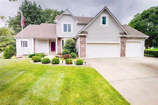 1404 NE Piedmont Dr, Lees Summit, MO 64064 - traditional home featuring driveway, a front yard, brick siding, and roof with shingles