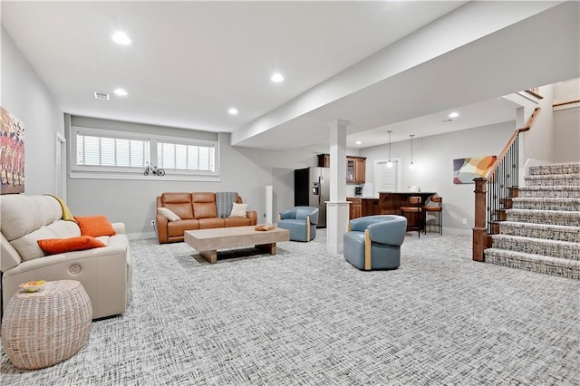 16394 S Loiret St, Olathe, KS 66062 - living area with recessed lighting, light carpet, and stairs