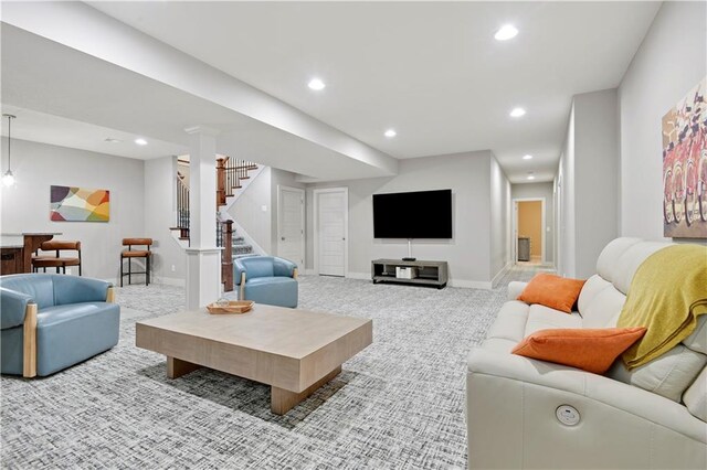 16394 S Loiret St, Olathe, KS 66062 - living area with recessed lighting, stairway, and carpet