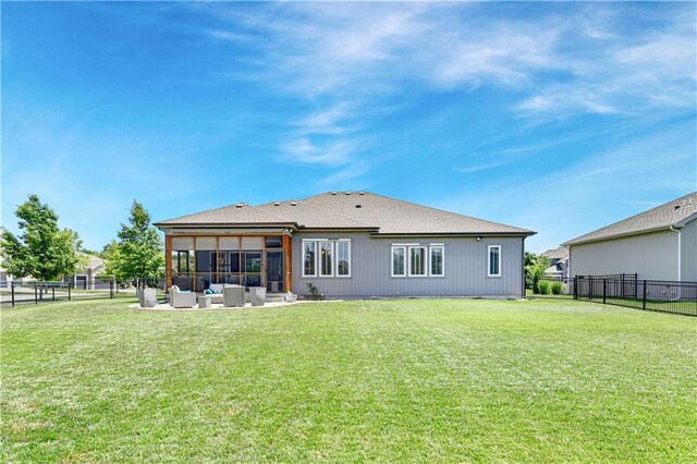 16394 S Loiret St, Olathe, KS 66062 - rear view of property with a fenced backyard, a sunroom, and outdoor lounge area