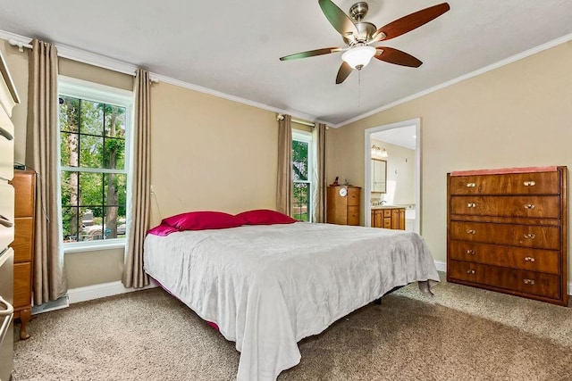 415 E Hulett St, Edgerton, KS 66021 - bedroom featuring carpet, baseboards, crown molding, ensuite bath, and a ceiling fan