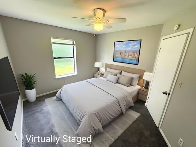 7134 Agnes Ave, Kansas City, MO 64132 - carpeted bedroom featuring a ceiling fan and baseboards