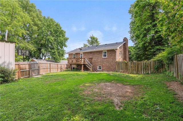 917 L St, Atchison, KS 66002 - back of house featuring stairway, a chimney, brick siding, and a deck