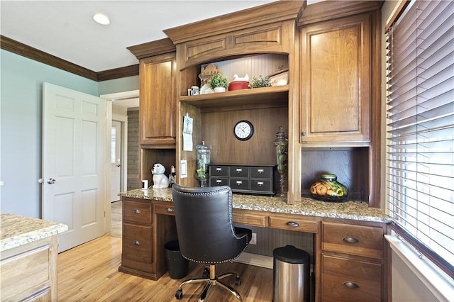 450 Ruth Ewing Rd, Liberty, MO 64068 - office with ornamental molding, light wood-type flooring, and built in study area
