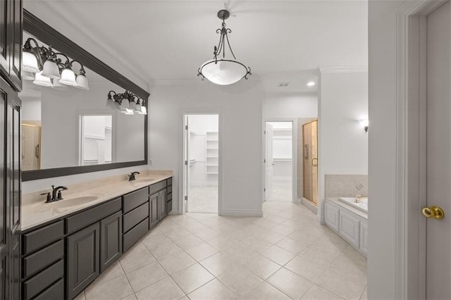 14005 Dearborn St, Overland Park, KS 66223 - full bathroom with a shower stall, a spacious closet, a bath, double vanity, and ornamental molding