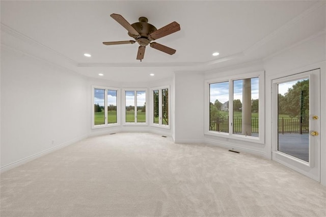 14005 Dearborn St, Overland Park, KS 66223 - unfurnished room with plenty of natural light, ornamental molding, light colored carpet, recessed lighting, and a ceiling fan