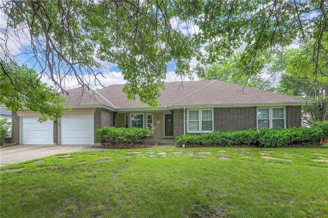 300 S Silver Top Ln, Raymore, MO 64083 - single story home with brick siding, a garage, a front yard, and concrete driveway