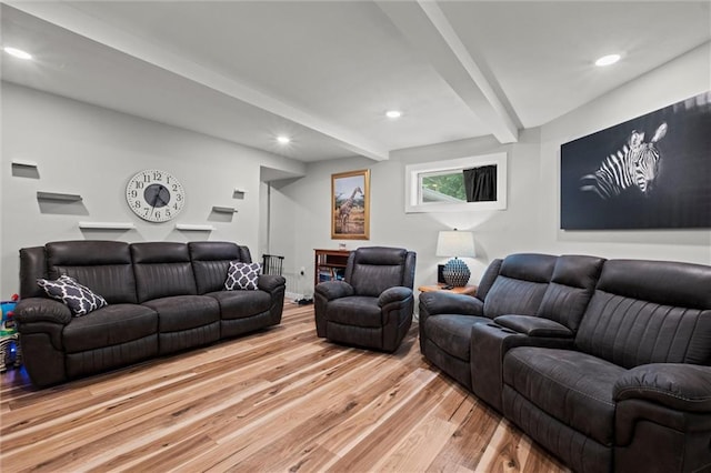 915 4th Ave, Leavenworth, KS 66048 - living room featuring light wood-type flooring, beam ceiling, and recessed lighting