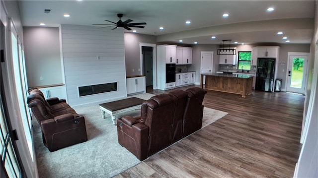 25908 E 317th Ter, Harrisonville, MO 64701 - living area featuring dark wood-style flooring, recessed lighting, ceiling fan, and a fireplace