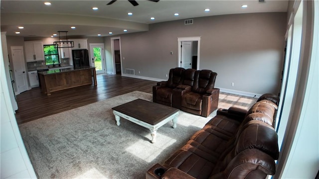 25908 E 317th Ter, Harrisonville, MO 64701 - living area featuring dark wood-style floors, baseboards, recessed lighting, and a ceiling fan