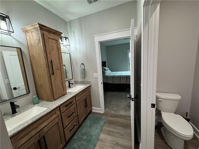 25908 E 317th Ter, Harrisonville, MO 64701 - ensuite bathroom with wood finished floors, double vanity, toilet, and baseboards