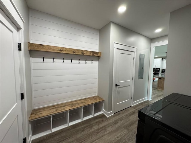 25908 E 317th Ter, Harrisonville, MO 64701 - mudroom with dark wood-style floors, electric panel, recessed lighting, and baseboards