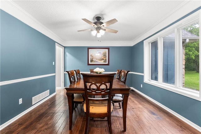 26725 S Bennett Rd, Freeman, MO 64746 - dining area with hardwood / wood-style flooring, ceiling fan, baseboards, and ornamental molding
