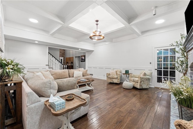 26725 S Bennett Rd, Freeman, MO 64746 - living area with stairway, beam ceiling, coffered ceiling, dark wood-style flooring, and wainscoting