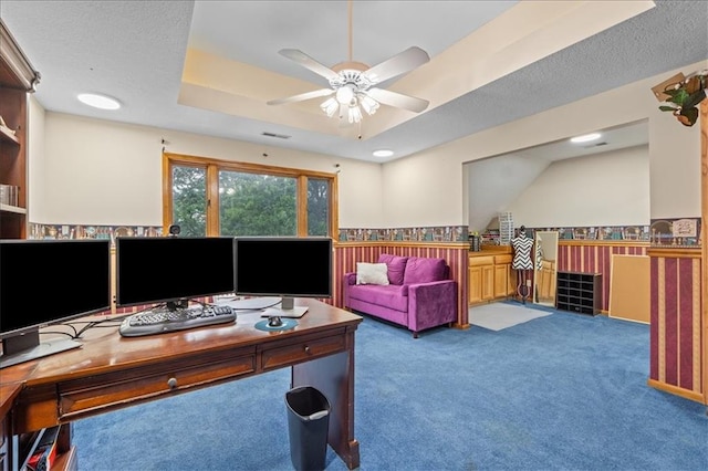26725 S Bennett Rd, Freeman, MO 64746 - carpeted office with ceiling fan, a wainscoted wall, and a raised ceiling