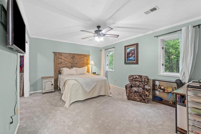 26725 S Bennett Rd, Freeman, MO 64746 - bedroom featuring carpet floors, a textured ceiling, crown molding, and ceiling fan