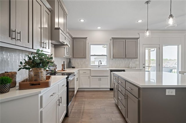 11487 S Cornice St, Olathe, KS 66061 - kitchen featuring appliances with stainless steel finishes, gray cabinets, a sink, hardwood / wood-style floors, and recessed lighting